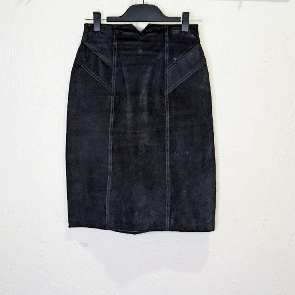 Vintage Black Suede Pencil Skirt Size 10 Grungy 80s Punk Leather Midi Skirt